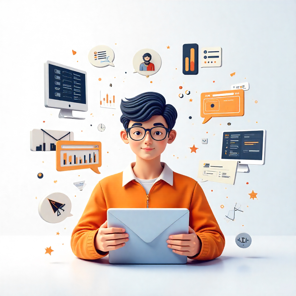 Contact us illustration showing email, phone, and chat icons at the center, surrounded by visuals of web design, mobile apps, SEO analytics, video editing, UI/UX, coding, and AI integration services