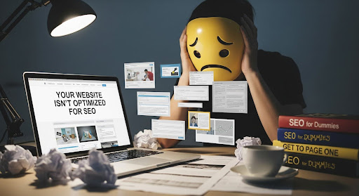 A dimly lit search results page showing a website buried on page two or three of Google results