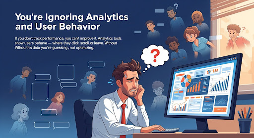 A marketer looking at untracked website metrics and analytics dashboard with missing data