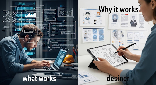 Side-by-side images showing collaboration between web developers and UI/UX designers to build seamless digital experiences.