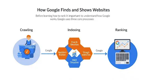 Illustration of Google crawling, indexing, and ranking websites in search results