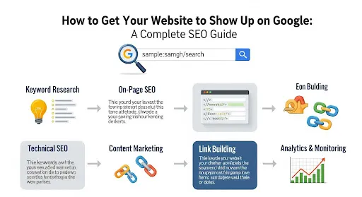 Diagram showing how a website appears in Google search results through SEO optimization